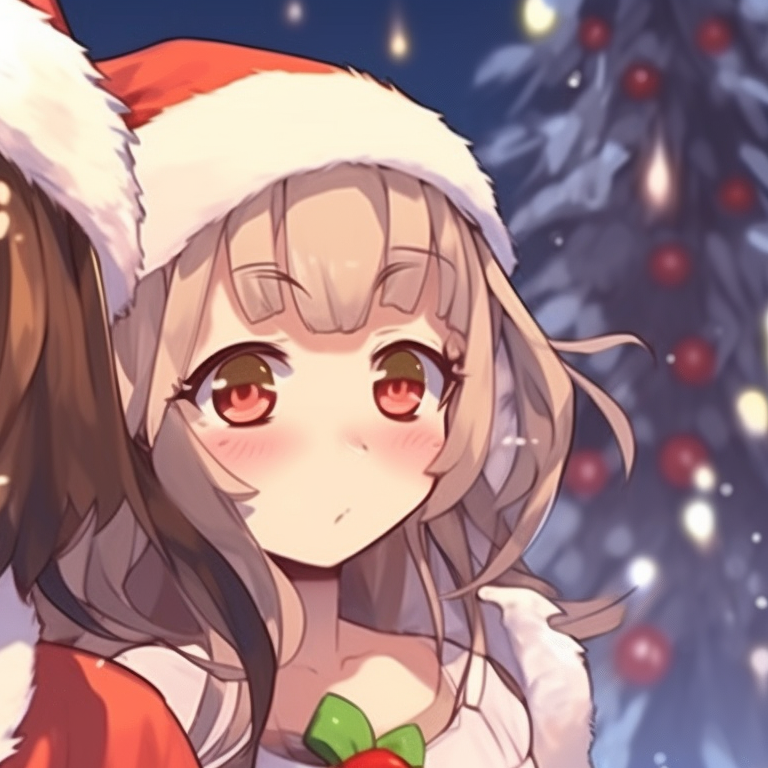 Close-up of two characters in a snowy backdrop, smiling at each other, with Christmas lights in the background. eye-catching matching christmas pfp for discord pfp for discord.