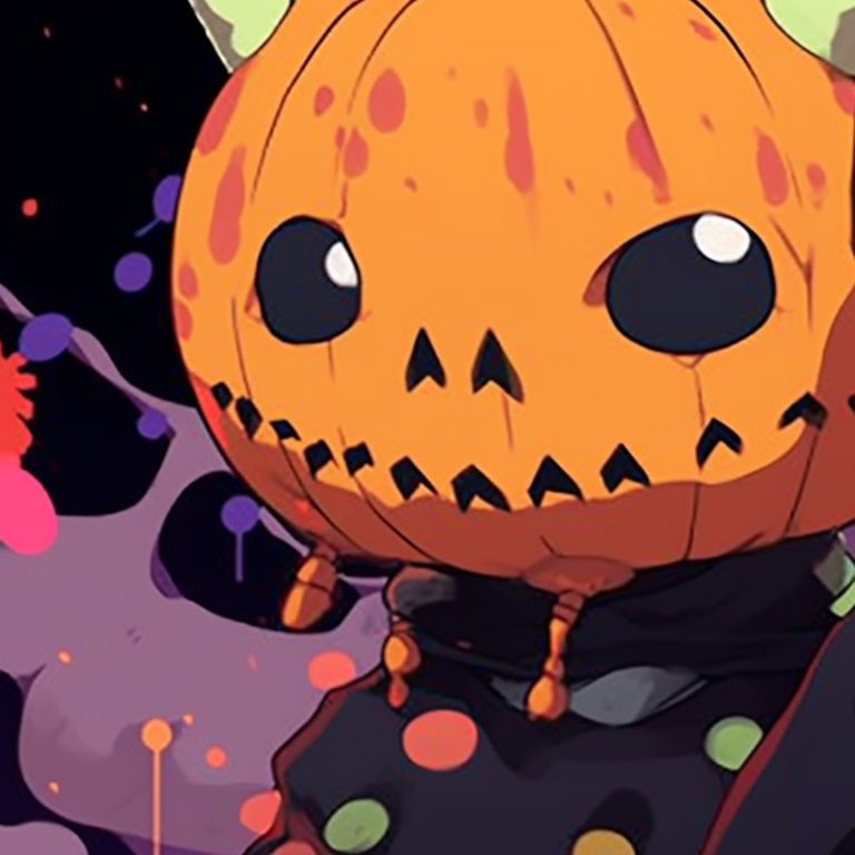 Two characters in funky monster costumes, featuring neon colors and thick lines. cute halloween pfp matching pfp for discord.