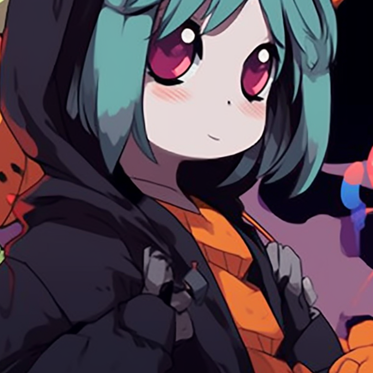 Two characters in funky monster costumes, featuring neon colors and thick lines. cute halloween pfp matching pfp for discord.