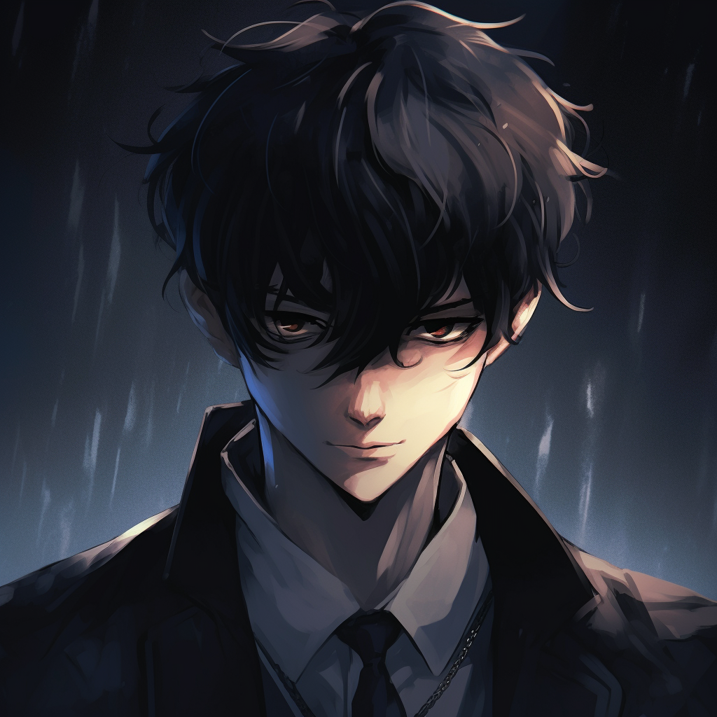 Anime profile picture emphasizing on noir style; distinguished by high-contrast darks and lights. dark anime male pfp pfp for discord.