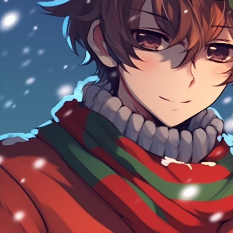 Two characters in matching festive sweaters, detailed patterns, standing side by side. christmas matching pfp ideas pfp for discord.