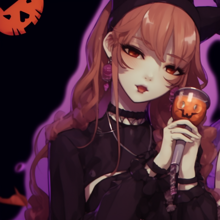 Close-up of two idols with charming smiles and Halloween-themed costumes, vivid colors and detailed decors. guide to creating kpop matching pfp halloween theme pfp for discord.