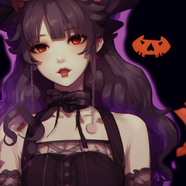Close-up of two idols with charming smiles and Halloween-themed costumes, vivid colors and detailed decors. guide to creating kpop matching pfp halloween theme pfp for discord.