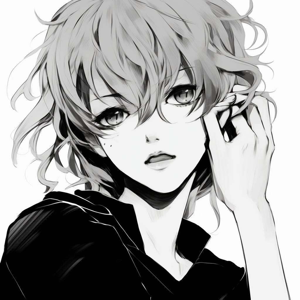 Retro anime character presented in black and white, bold shadows and deliberate lining. classic black and white anime pfp