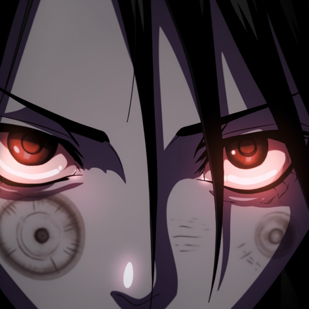 Close up of Kaguya's eyes, radiant colors and fine definition. intriguing styles of pfp anime eyes