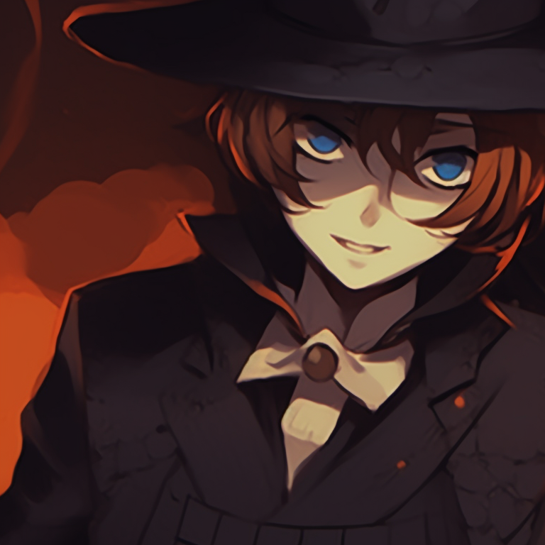 Two characters, Chuuya and Dazai, sporting creepy costumes, eerie lighting and atmospheric shadows. matching pfp dazai chuuya halloween theme pfp for discord.