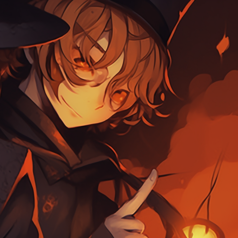 Two characters, Chuuya and Dazai, sporting creepy costumes, eerie lighting and atmospheric shadows. matching pfp dazai chuuya halloween theme pfp for discord.