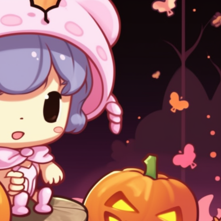 Two My Melody characters, one sitting on a giant pumpkin and the other peeking from behind it, both in adorable Halloween attire. my melody matching pfp halloween theme diy pfp for discord.