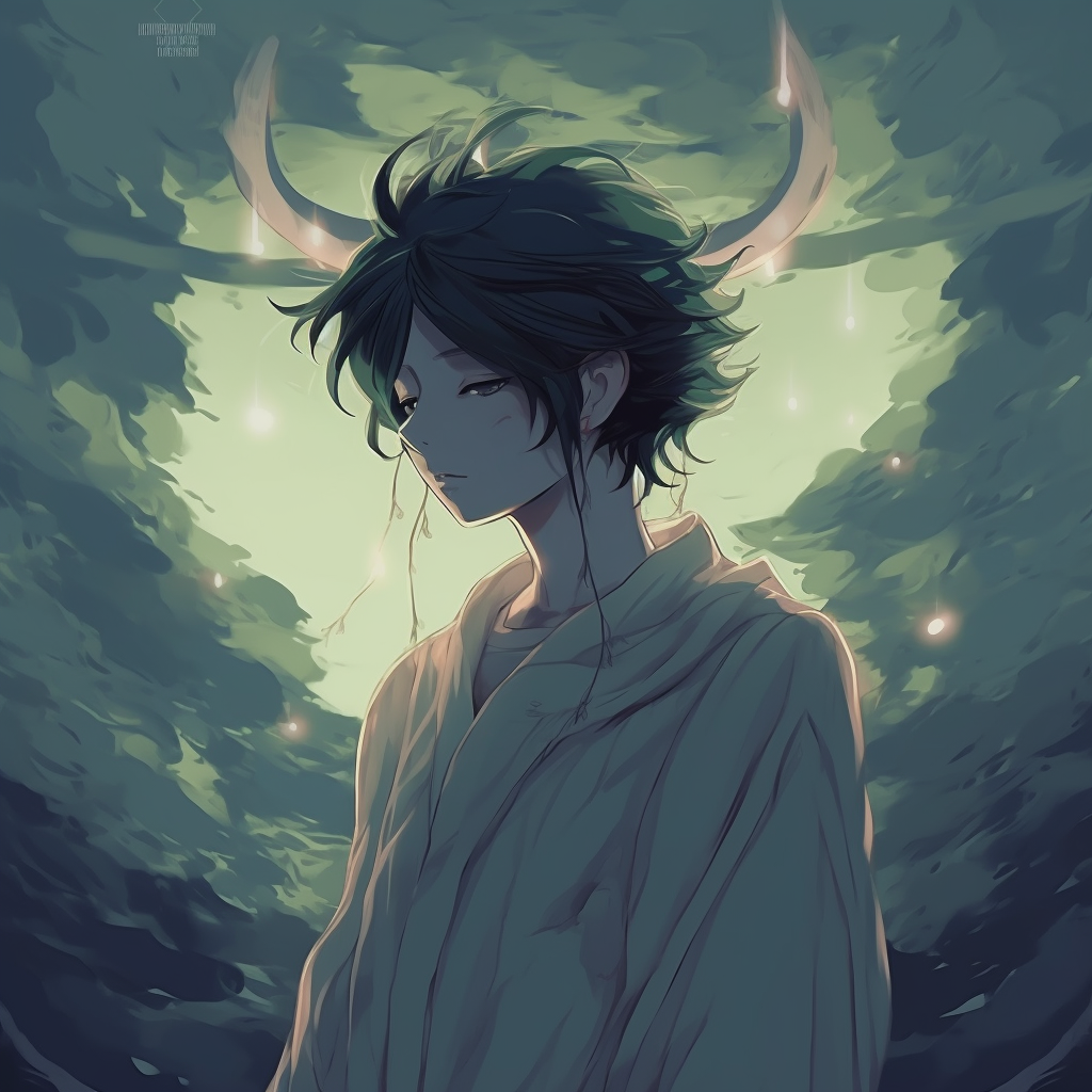 A tranquil anime boy sitting by a lake, surrounded by hushed nature, done in soft watercolor. chill anime pfp for boys