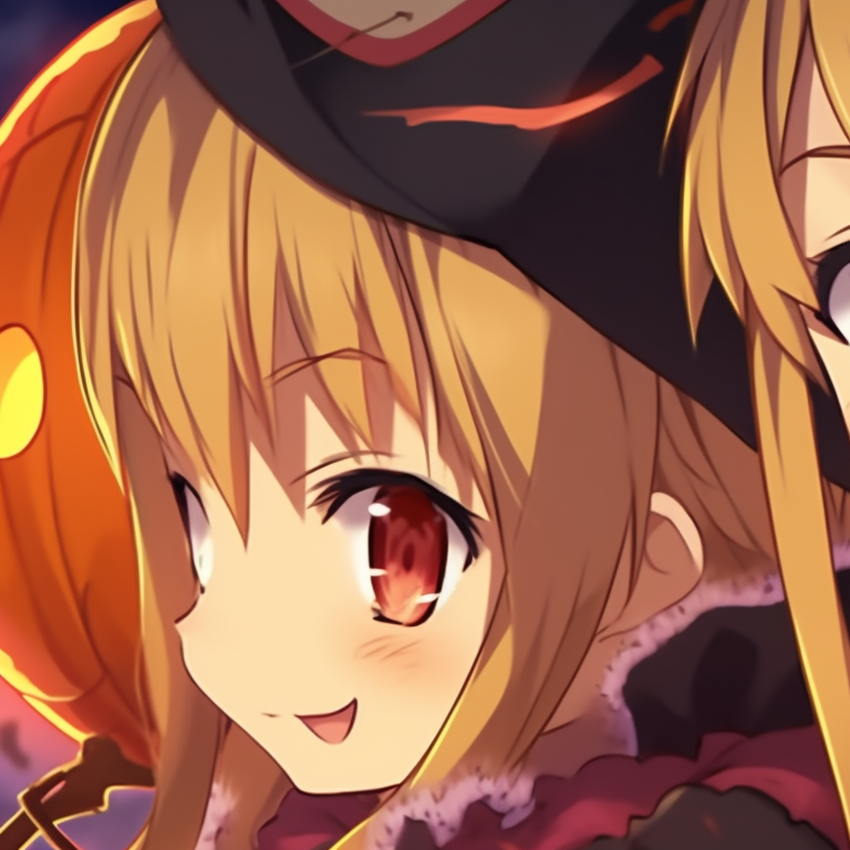 Kirito and Asuna in Halloween attire, muted tones and fluid lines. halloween version pfp matching of kirito and asuna pfp for discord.