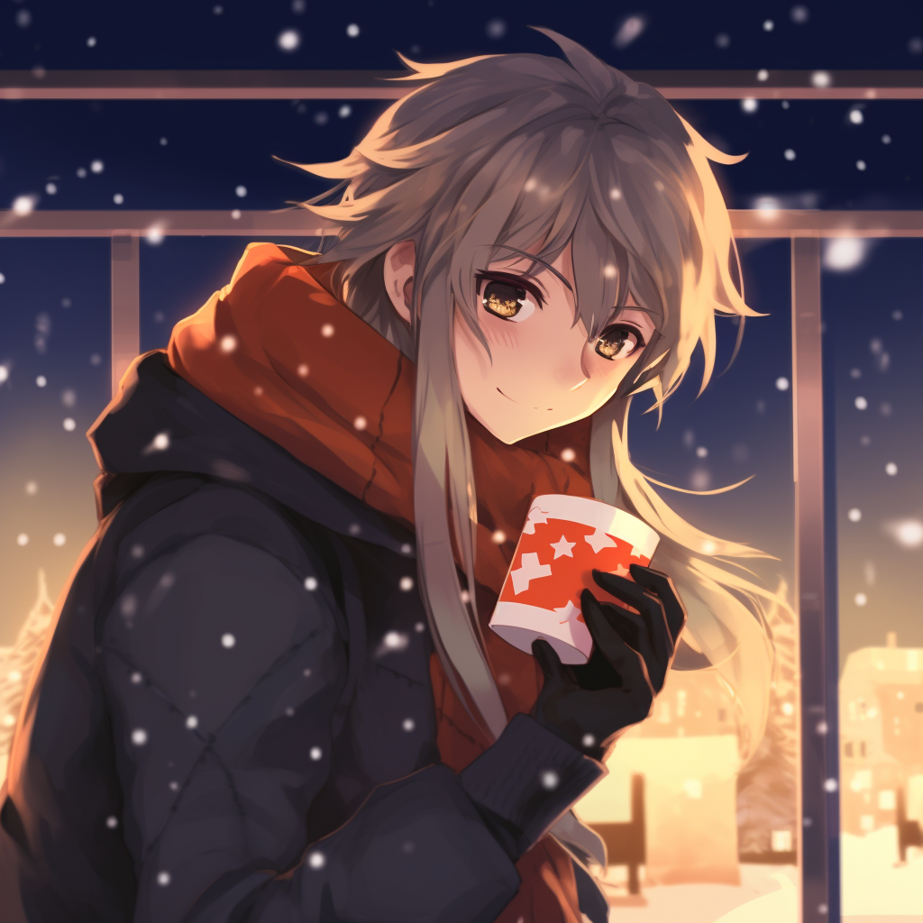Anime couple in a romantic winter setting, each one holding a hot drink, with Christmas lights glowing in the background, beautiful shadows and reflections. couple based anime christmas pfp