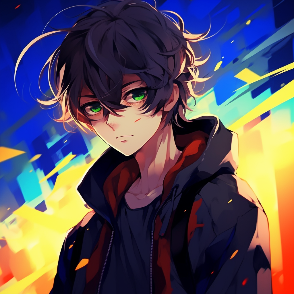 Anime boy interpreted aesthetically, with emphasis on stylized hair and eyes. anime pfp boy artsy
