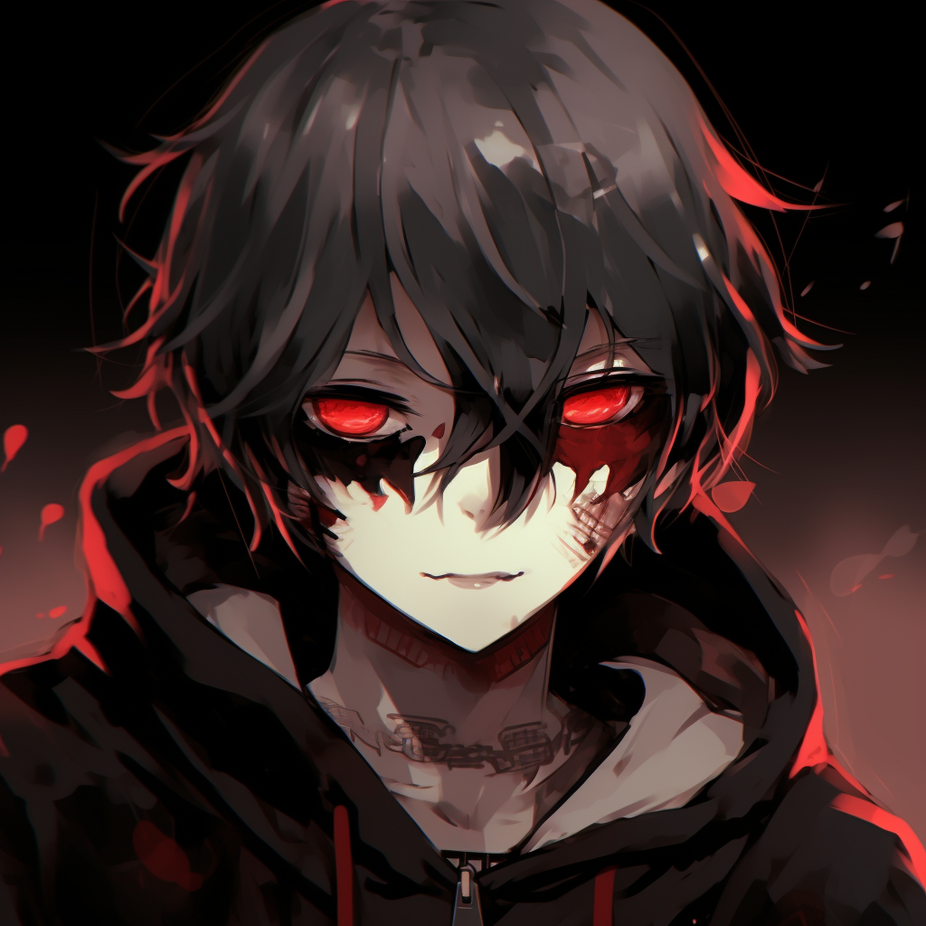 Kaneki Ken in his ghoul form, with high contrast between his pale skin, dark hair, and glowing red eyes. edgy pfp anime anime pfp