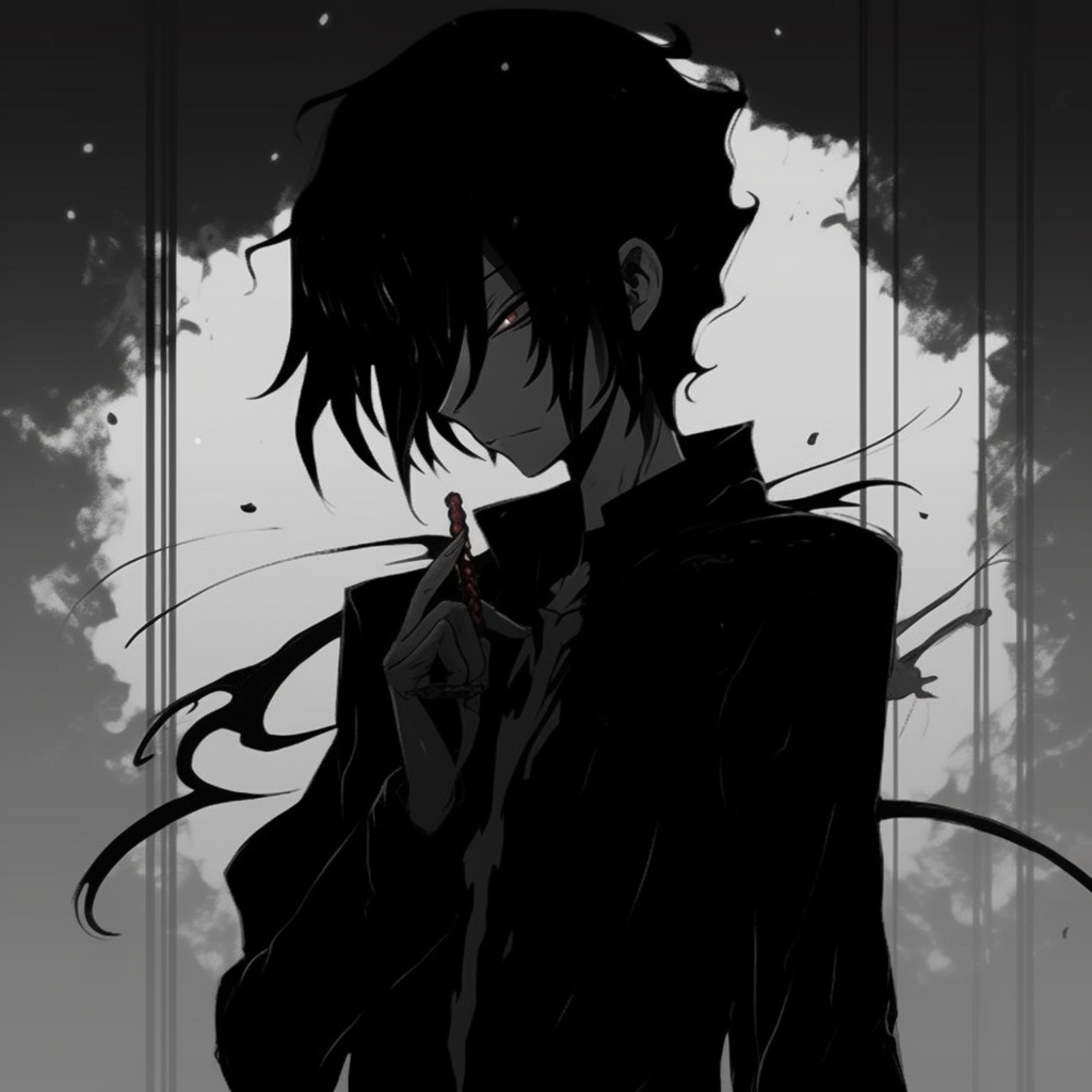 Lelouch Lamperouge camouflaged in shadows, use of negative space and contrast. stunning black pfp anime pfp for discord.