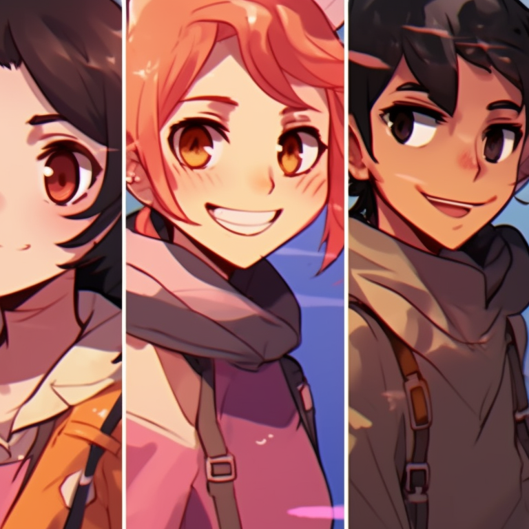 Four characters equipped with weapons, intense colors with a focus on red and black. creative matching pfp for 4 friends pfp for discord.