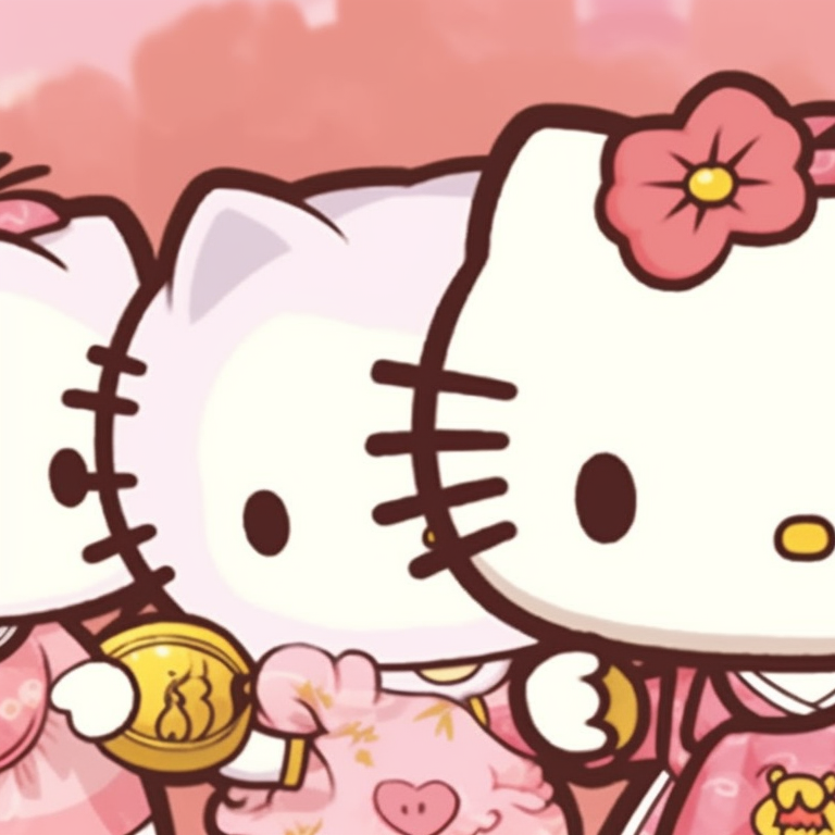 Double Hello Kitty characters with starry accents, cosmic colors and bright tones, twinkling aura. aesthetic hello kitty pfp matching pfp for discord.