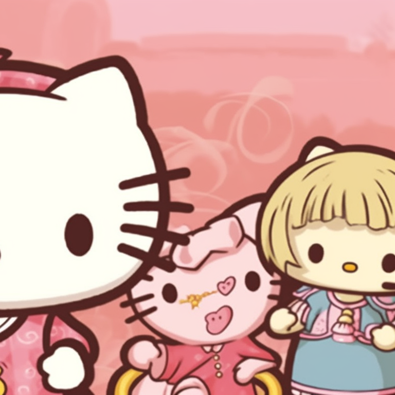 Double Hello Kitty characters with starry accents, cosmic colors and bright tones, twinkling aura. aesthetic hello kitty pfp matching pfp for discord.