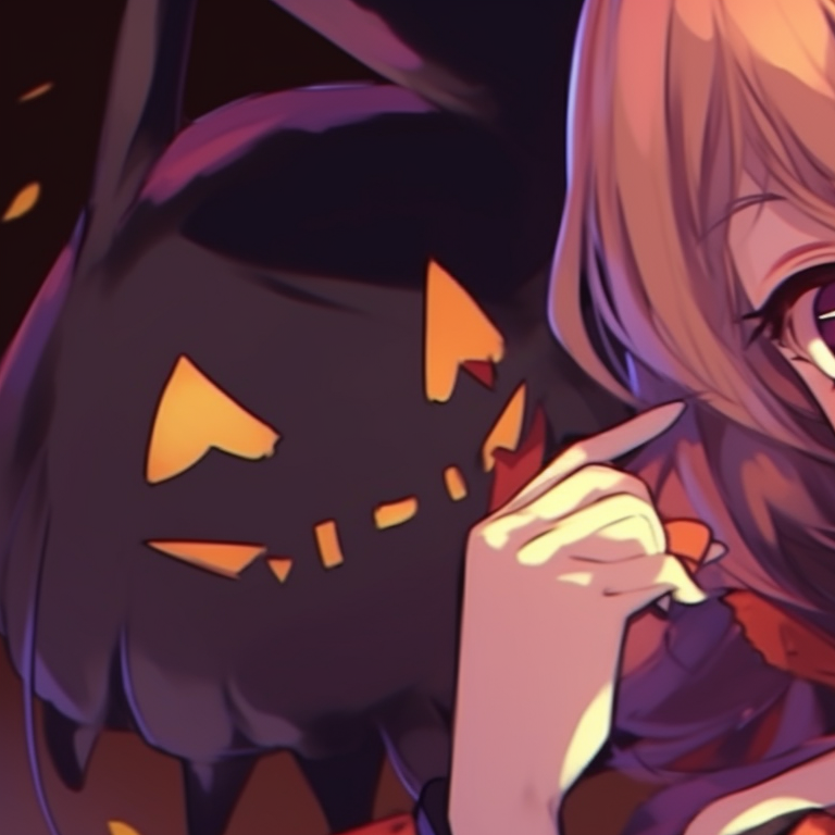 Two characters in gothic costumes, high contrast colors and moody shadows, exchanging a knowing glance. hot matching pfp halloween theme for couples pfp for discord.