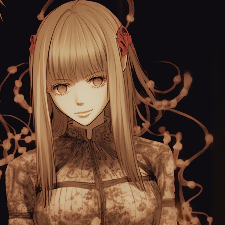 Characters cast under a spell, vivid illuminating designs juxtaposed with dark ambiance. misa amane matching spooky outfits pfp for discord.