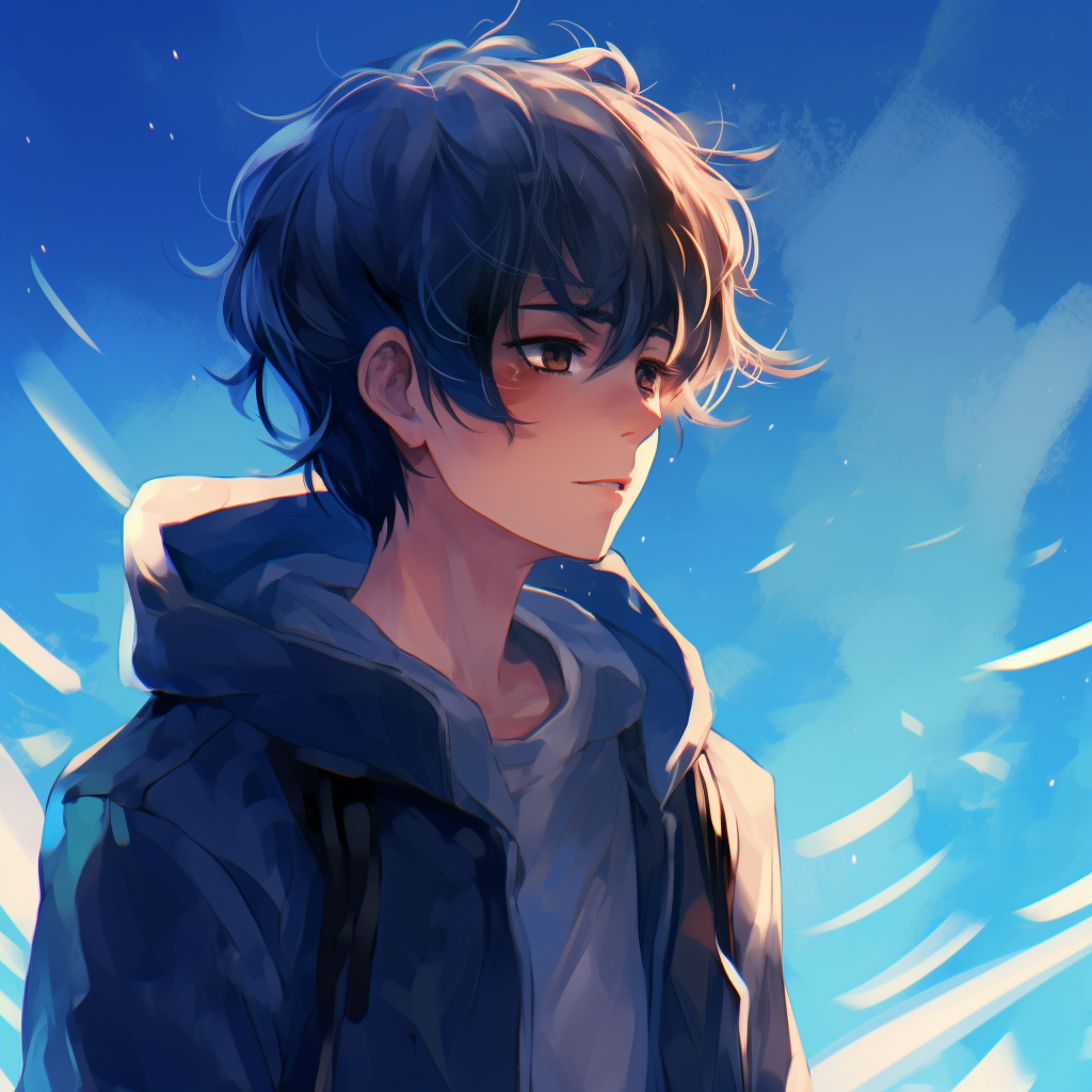 Image featuring an anime boy on blue tones, realistically shaded. anime pfp boy colors
