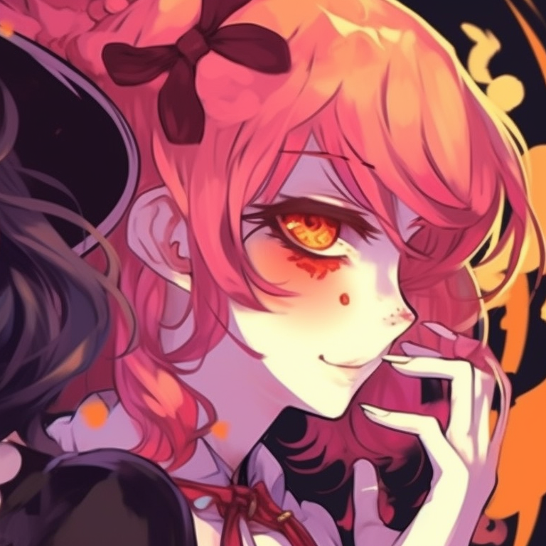 Characters playfully causing mischief under the moonlight, dark tones with pops of neon. hot matching pfp halloween theme aesthetics pfp for discord.