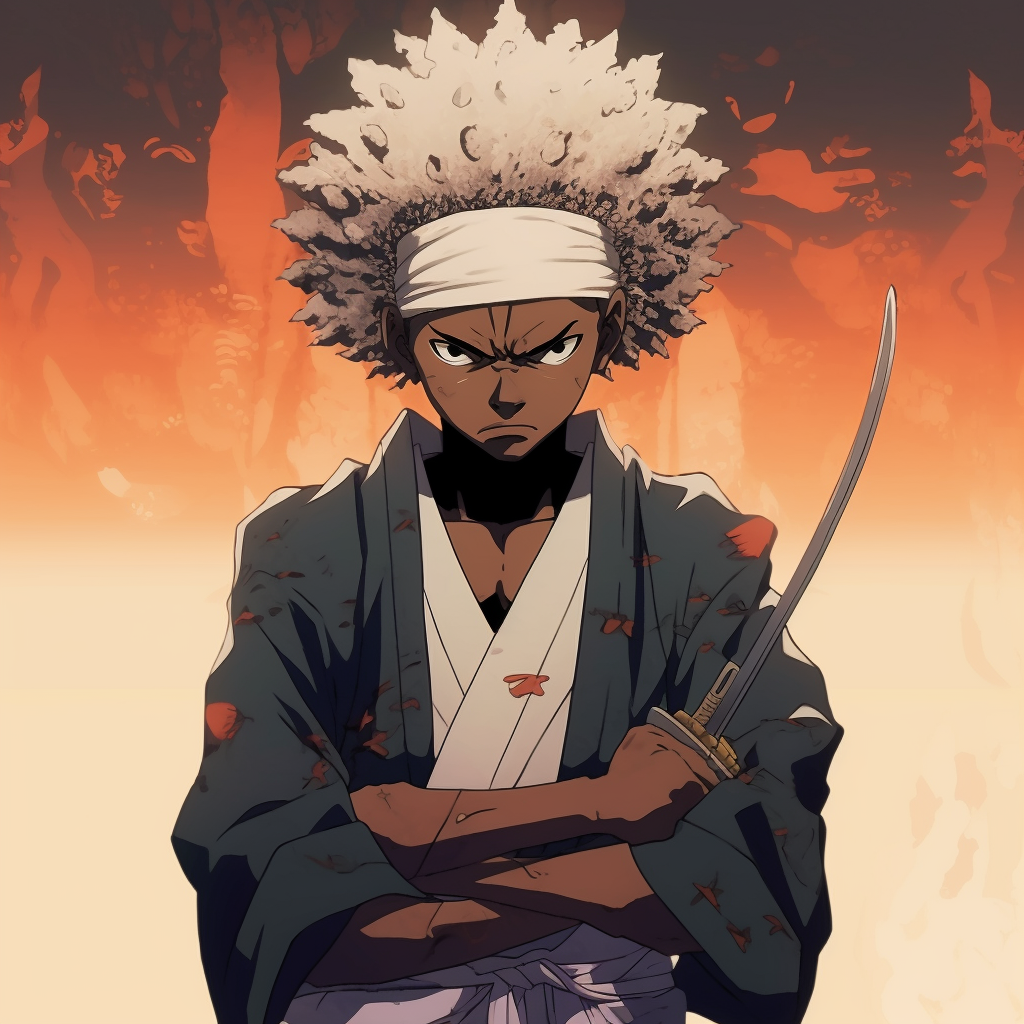 Close-up of Afro Samurai's face, focused on intricate details and mysterious expression. enticing male black anime characters pfp