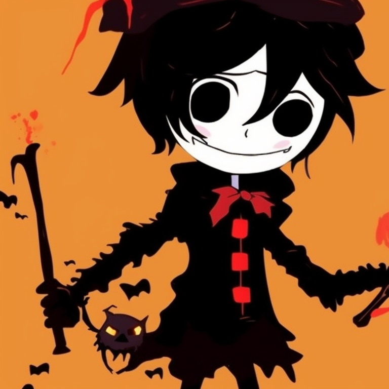 Two stickman characters, monochrome palette with critical details in bright orange, one wielding a magic wand, the other holding a jack-o'-lantern. stickman pfp in halloween settings pfp for discord.