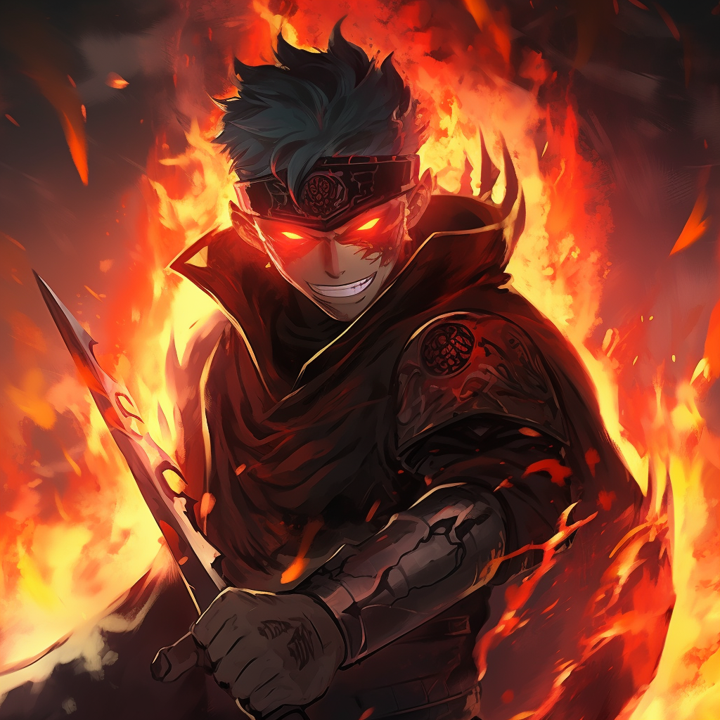 Silhouette of an anime character against a wall of fire, with a high contrast between the glowing flames and the dark figure. general fire pfp