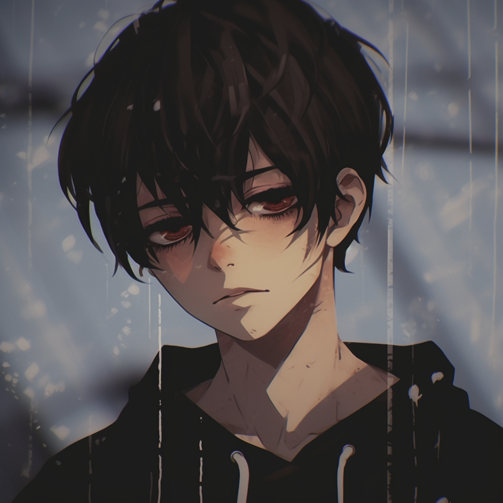Depiction of an anime boy gazing into the distance, minimalist style and darker shades. anime boy sad pfp
