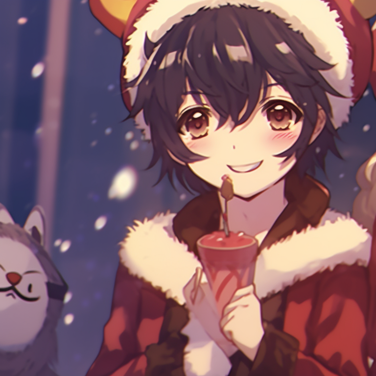 Two characters exchanging gifts, focus on the vibrantly wrapped gift box and joyful expressions. adorable matching christmas pfp gif pfp for discord.