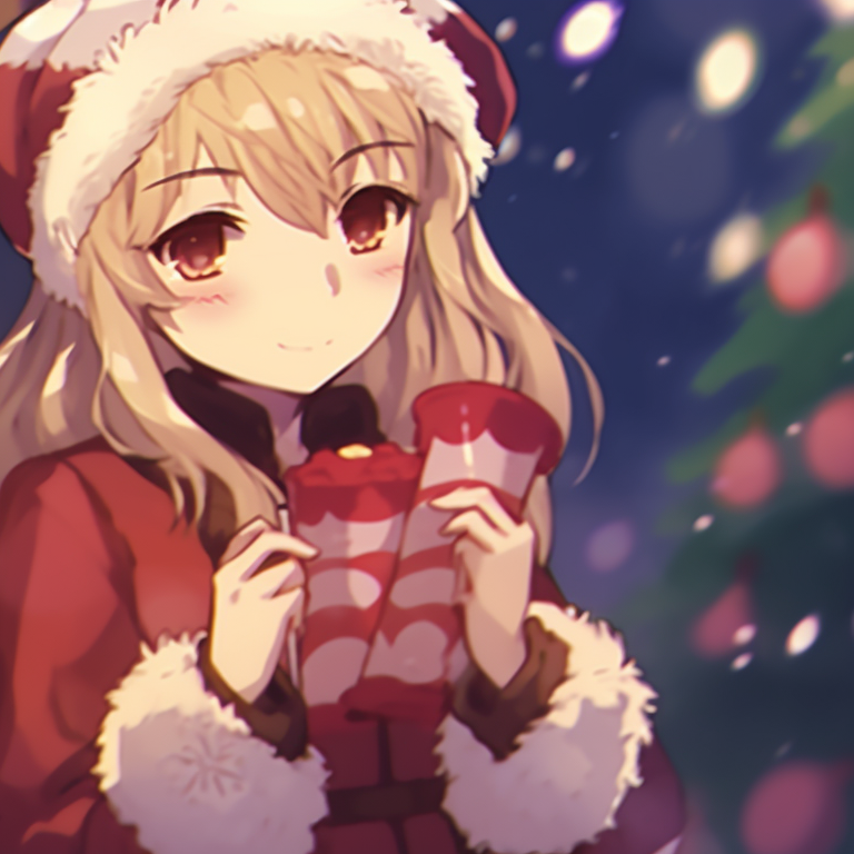 Two characters exchanging gifts, focus on the vibrantly wrapped gift box and joyful expressions. adorable matching christmas pfp gif pfp for discord.