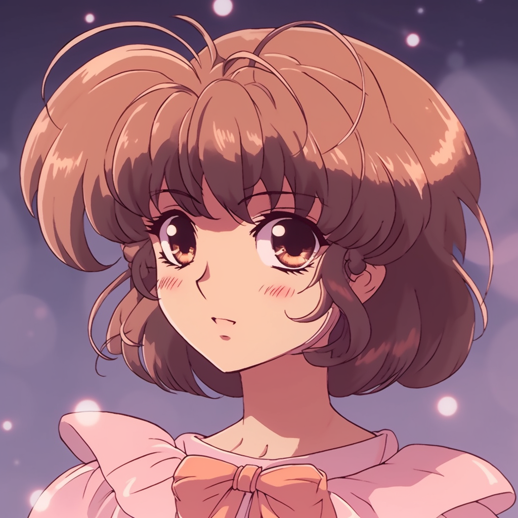 A nostalgic profile picture of an anime girl with large expressive eyes and pastel hues. 90s anime pfp girl with aesthetic visuals