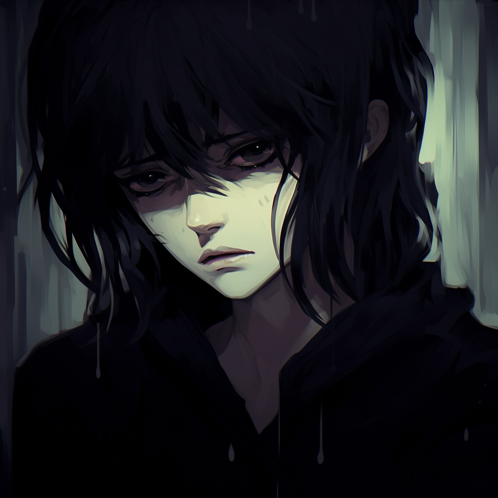 Anime girl portrayed crying in the rain, dramatic composition with wet details and cool color tones. mysterious sad anime pfpHD, free download