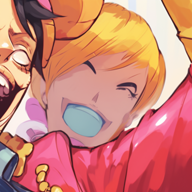 Two characters, one laughing wildly while the other appears bemused, bold colors and caricature-style art. one piece matching pfp characters pfp for discord.