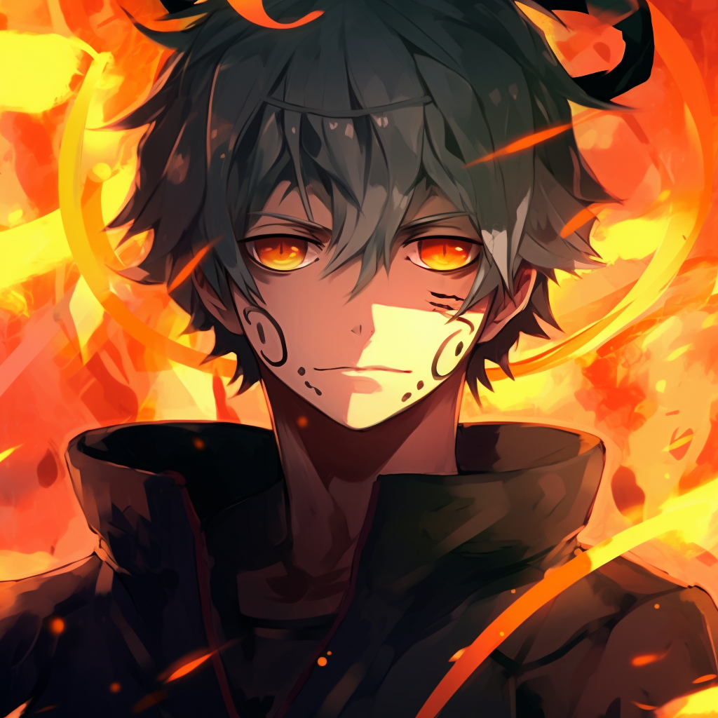 Naruto Uzumaki, depicted with fiery chakra, radiant colors and energetic lines. male fire anime pfp