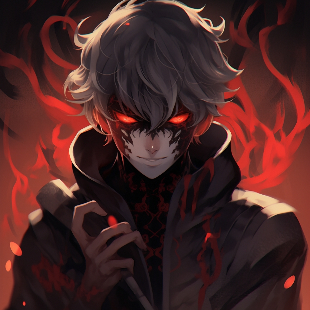 A half-shadowed face of a demon character, an interesting play of light and dark shades reminding of traditional art. prime anime demon pfp pfp for discord.