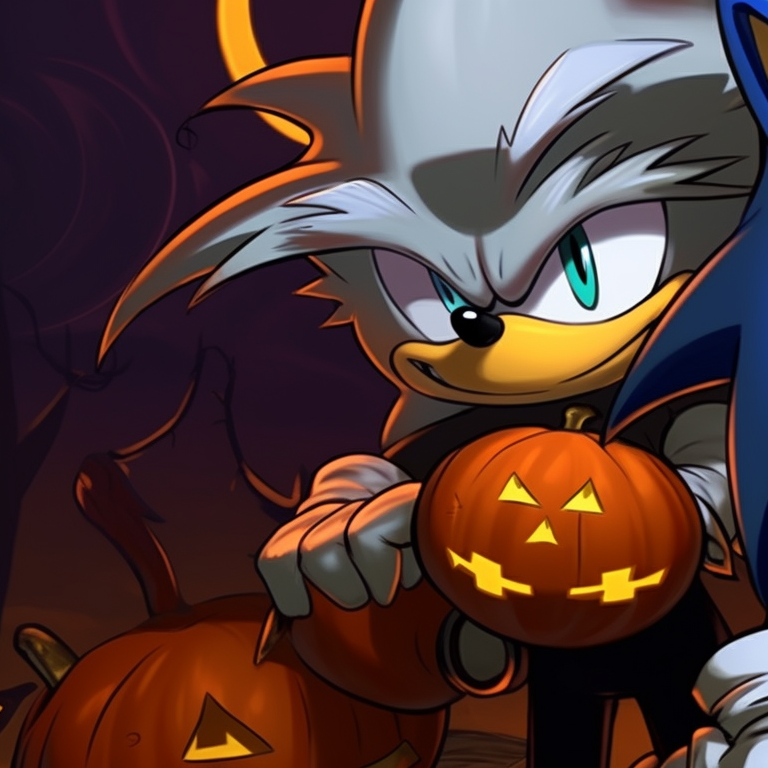 Sonic and Tails in silhouette against a glowing moon, adorned with bats, dark but bold colors. sonic and tails halloween theme pfp ideas pfp for discord.