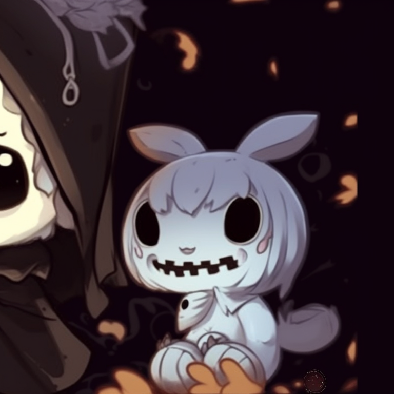 Two characters shown as Halloween animal spirits, monochrome style with emphasis on chilling elements. unique halloween theme animal pfps pfp for discord.