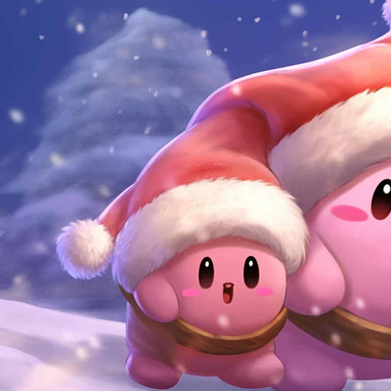 Two Kirby characters in matching Santa outfits, high-contrast hues and cute style, engaging in gift-giving. matching kirby christmas pfp ideas pfp for discord.