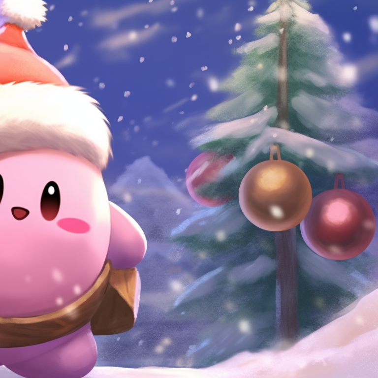 Two Kirby characters in matching Santa outfits, high-contrast hues and cute style, engaging in gift-giving. matching kirby christmas pfp ideas pfp for discord.