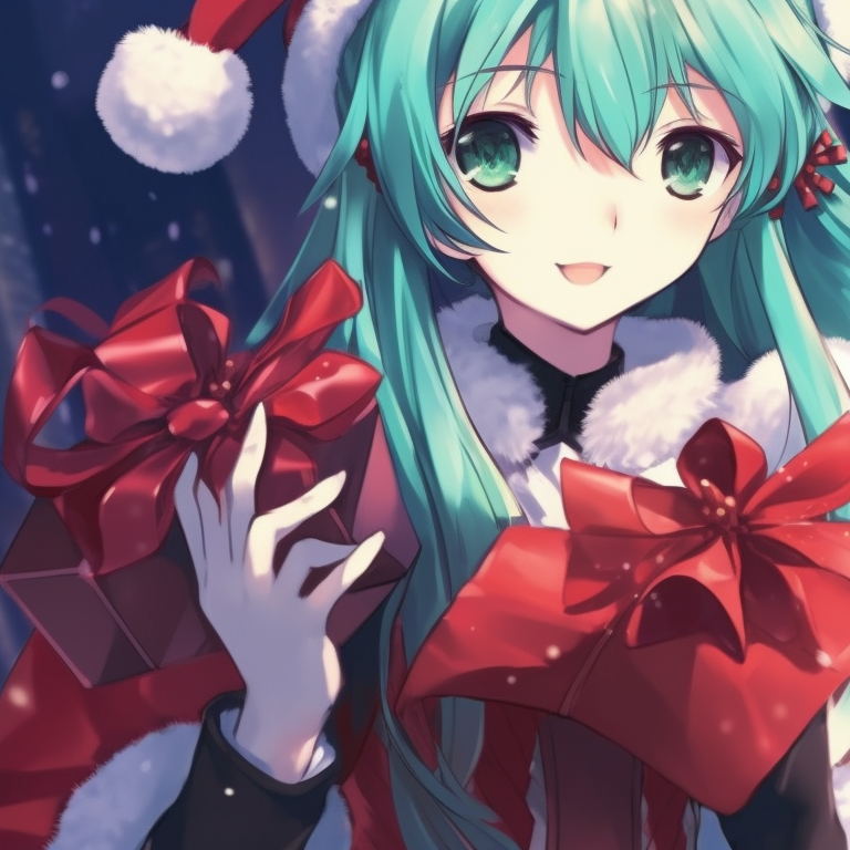 Matching Hatsune Miku images, garbed in red and white Christmas outfits, underneath a mistletoe. anime theme: matching christmas hatsune miku pfp pfp for discord.