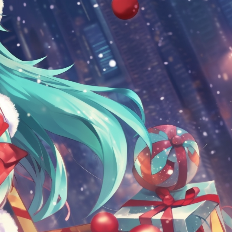 Matching Hatsune Miku images, garbed in red and white Christmas outfits, underneath a mistletoe. anime theme: matching christmas hatsune miku pfp pfp for discord.