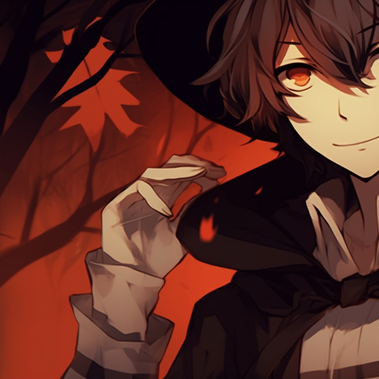Back-to-back Dazai and Chuuya, dark shadows and deep hues, intense expressions. osamu dazai halloween anime pfp pfp for discord.
