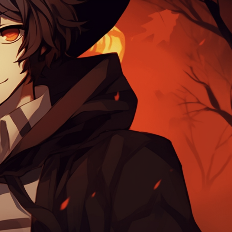 Back-to-back Dazai and Chuuya, dark shadows and deep hues, intense expressions. osamu dazai halloween anime pfp pfp for discord.