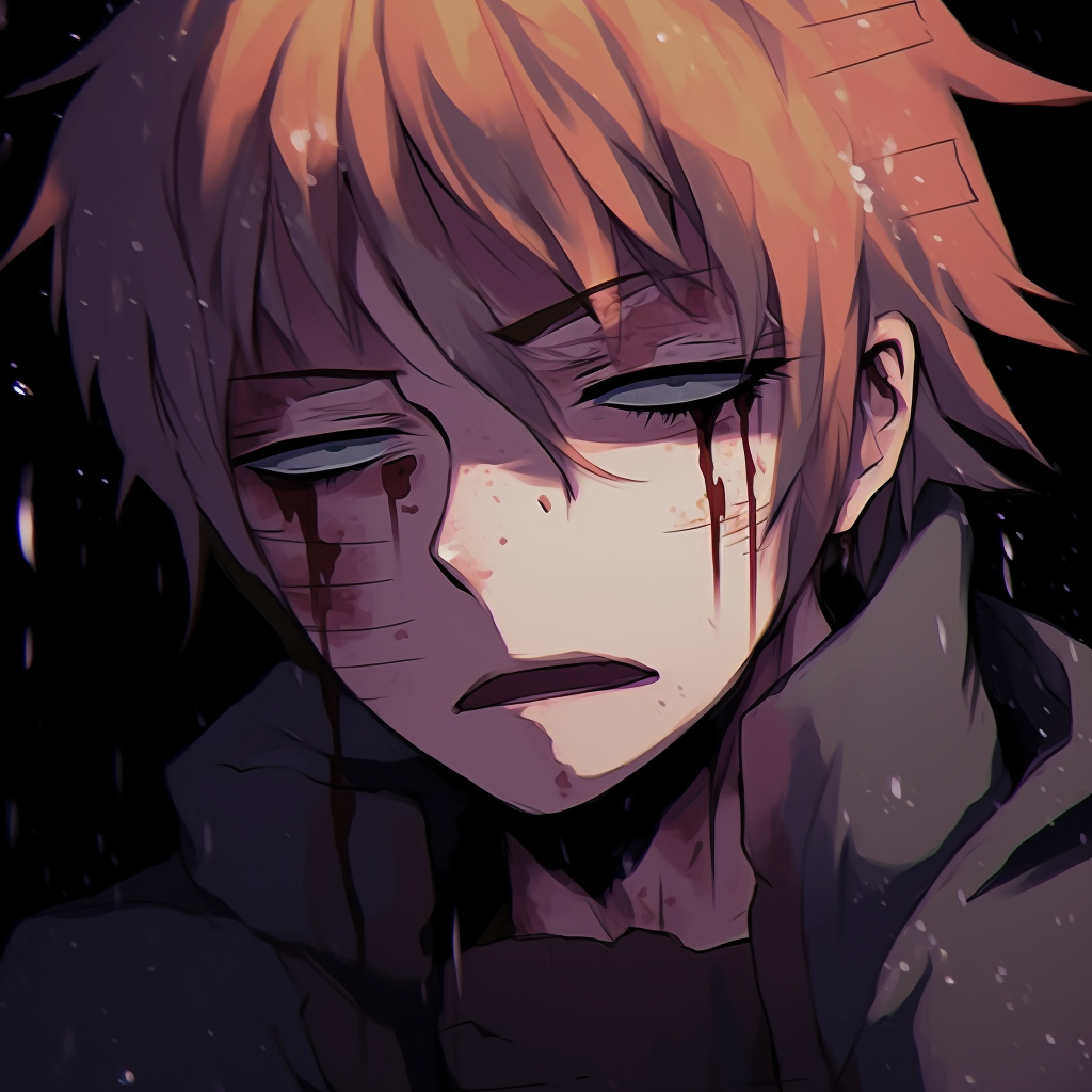 Naruto Uzumaki with a sorrowful expression, subtle shading and cooler tones. most poignant anime sad pfps