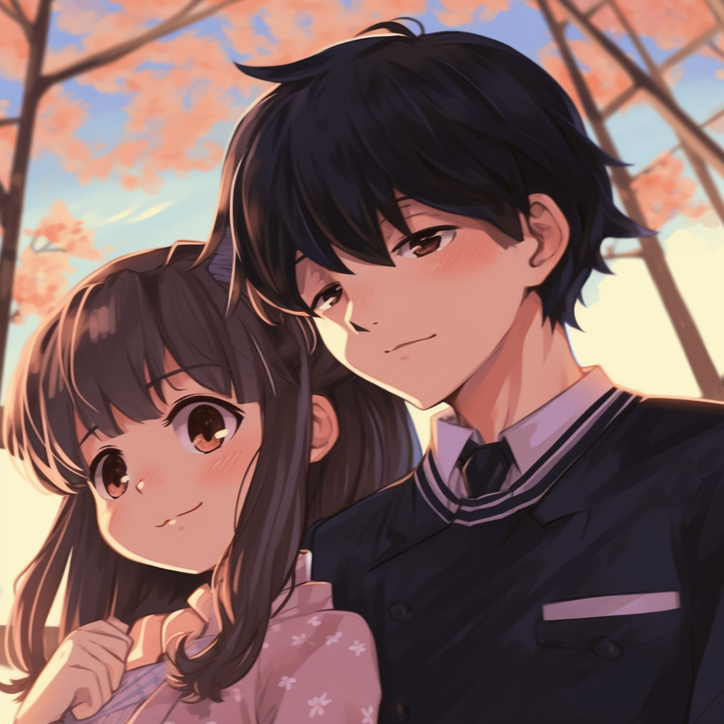 Anime couple gazing into each other's eyes, showcasing a deep bond and portrayed in a detailed and colorful anime style. assortment of anime matching pfp couple
