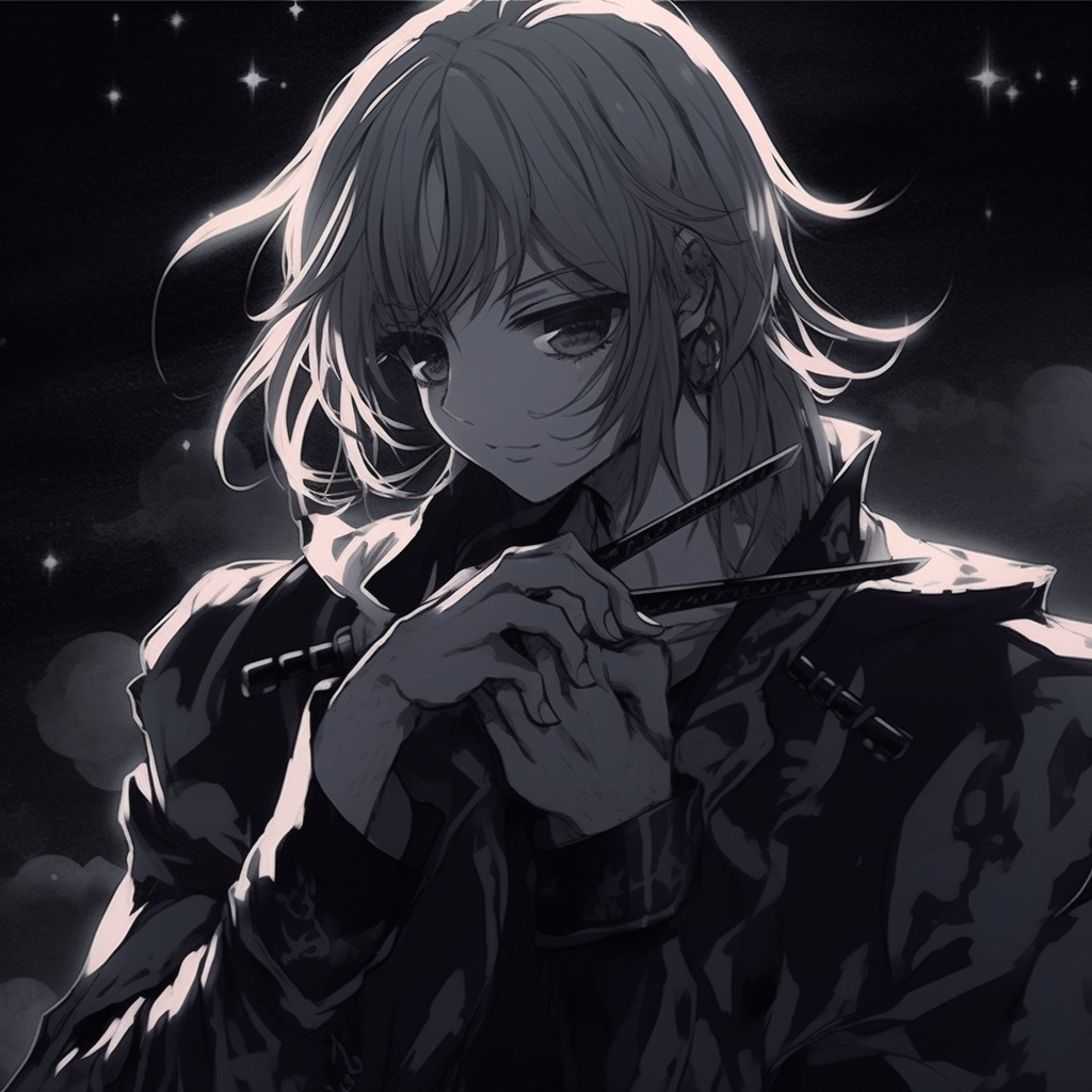 An anime hero with dark hair and piercing gaze, vivid lines and high contrast against darkness. anime pfp dark featuring male characters pfp for discord.