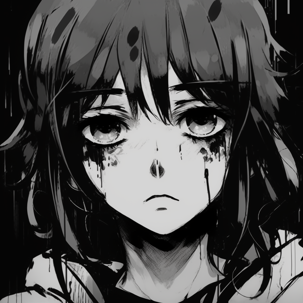 An anime character presented in grunge aesthetic, featuring heavy inking and anguished expression. grunge anime black and white pfp