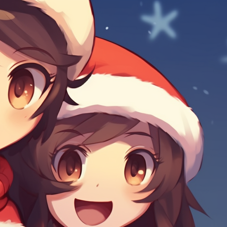 Two characters in Santa hats, festive decor, wide grins and dynamic poses. christmas themed matching discord pfp pfp for discord.