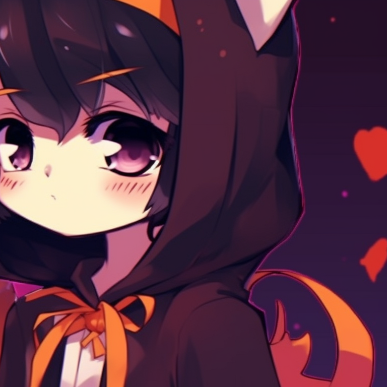 Two characters in cute halloween costumes, vibrant colors and kawaii style, holding hands. cute halloween matching pfp for lovers pfp for discord.